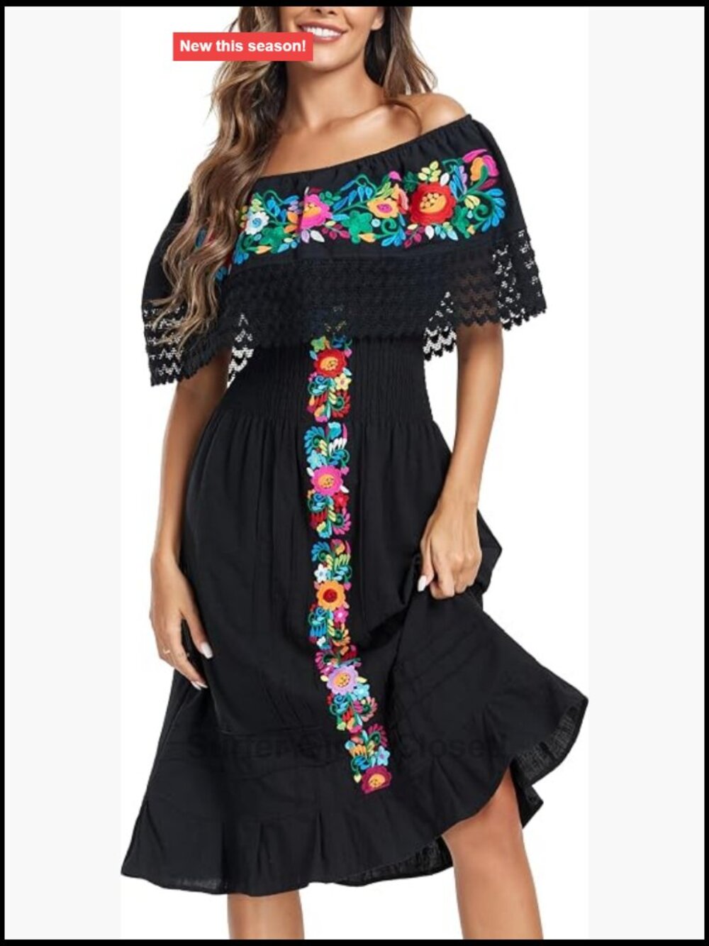 Embroidered Off-Shoulder Lace Dress for Women Boho Fiesta Midi